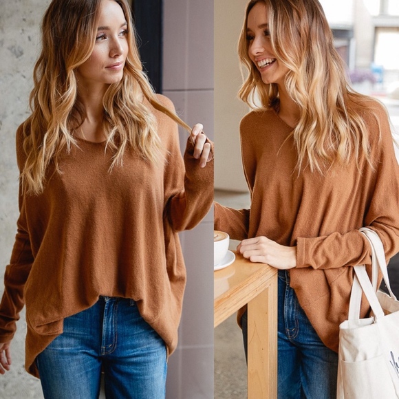 Cozy Camel V neck Oversized Sweater Top - Picture 3 of 4